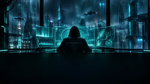 Hooded Analyst in Cyberpunk Control Room