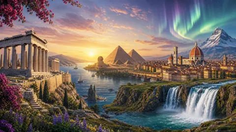 World Landmarks Under Aurora