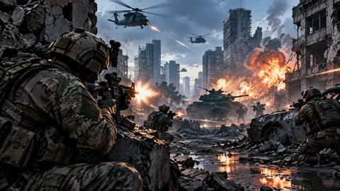 Soldiers and Tank in Ruined City