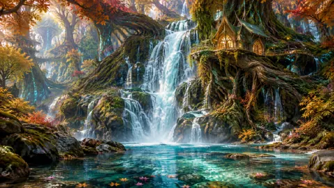 Elven Treehouse Above Waterfalls