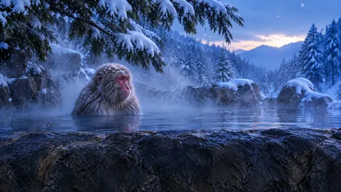 Japanese Macaque in Snowy Hot Spring
