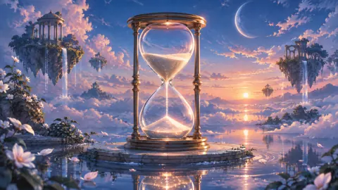 Glowing Hourglass Above Lake