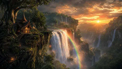 Elf Village Waterfalls at Sunset