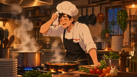 Tired Chef in Rustic Kitchen