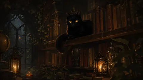 Black Cat in Fantasy Library
