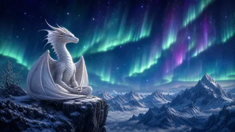 Albino Wyvern Under Aurora