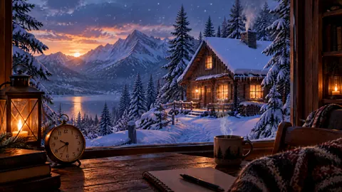 Snowy Cabin By Mountain Lake