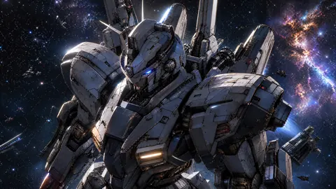Battle-Worn Mech Above Nebula