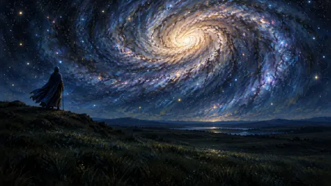 Astronomer Beneath Spiral Galaxy