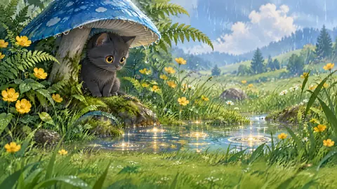 Gray Cat Under Blue Mushroom