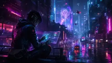 A netrunner in a neon live wallpaper