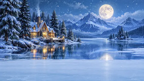 Snowy Lodge by Frozen Lake