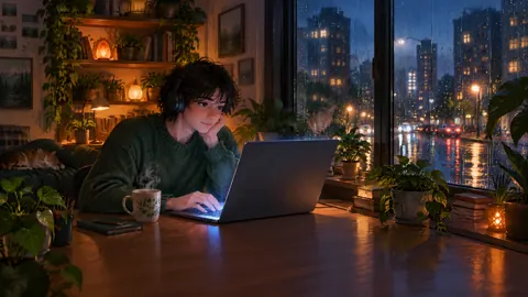 Programmer With Cat in Rainy Apartment