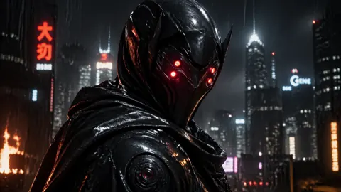 Masked Cybernetic Antagonist in Rain