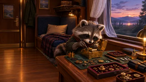 Raccoon Repairing Music Box on Train