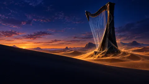 Glowing Harp in Desert Dunes
