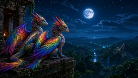 Two Rainbow Dragons Over Rainforest