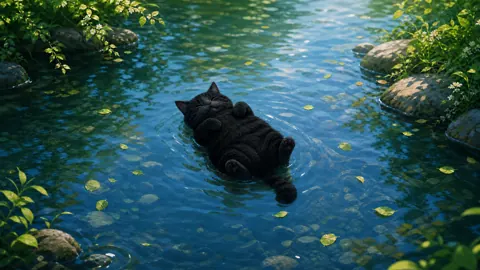 Black Cat in Forest Stream