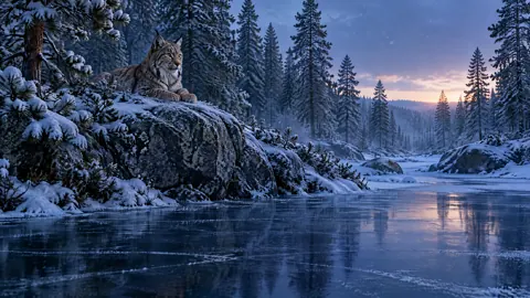 Lynx Above Frozen Stream