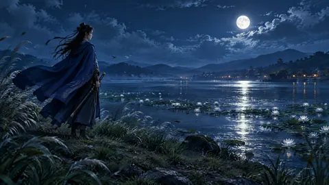 Cloaked Swordswoman by Moonlit River