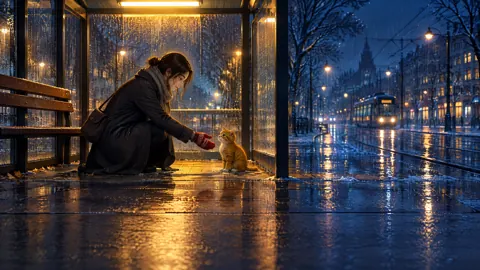 Woman Greeting Kitten at Tram Stop