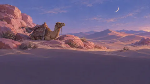 Camel Among Rose Desert Rocks