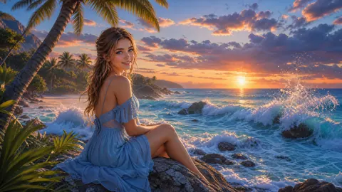 Woman in Blue Dress at Sunset