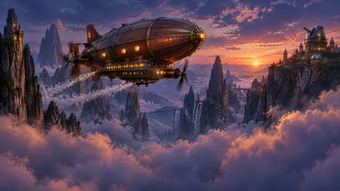 Steampunk Airship Above Cloud Canyon