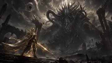 Golden eldritch-armored warrior faces a colossal shadowy boss in storm-shattered ruins, wide low-angle composition, cinematic backlighting and eclipse glow, apocalyptic ominous mood. live wallpaper