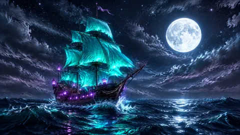 Moonlit Ship With Turquoise Sails