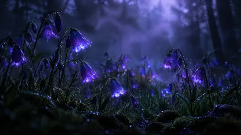 Dewy Violet Bellflowers in Woods