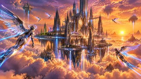 Floating Gothic City With Cyber Angels