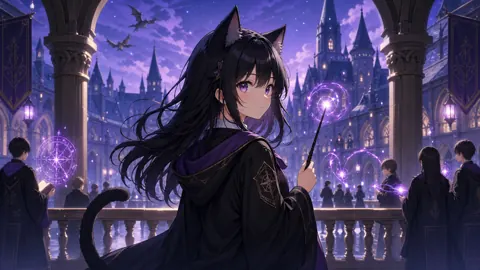 Catgirl Mage on Castle Balcony