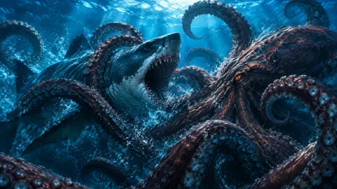 Megalodon Battles Giant Kraken