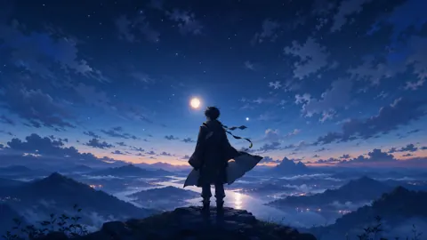 Cloaked Figure Above Moonlit Valleys