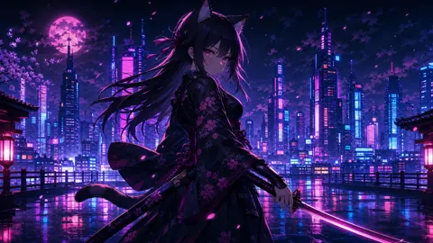 Catgirl Samurai on Neon Rooftop