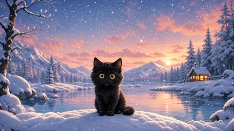 Black Kitten by Frozen River