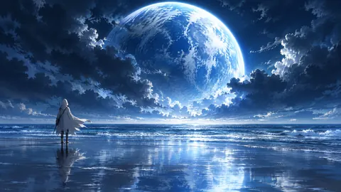 Hooded Traveler Beneath Blue Planet