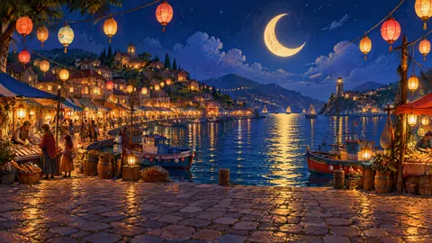Harbor Market Under Crescent Moon