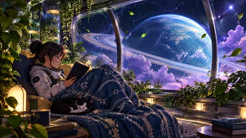 Astronaut Reading With Tuxedo Cat