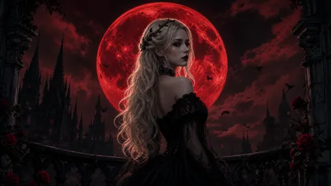 Gothic Woman Before Red Moon