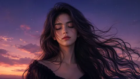 Woman Blinking at Purple Sunset