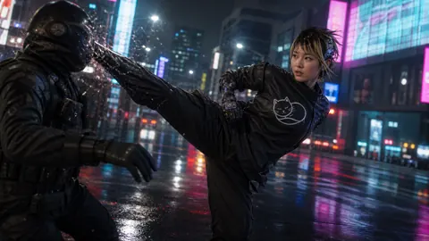 Cybernetic Woman Kicking Soldier