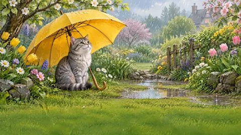 Cat Under Yellow Umbrella