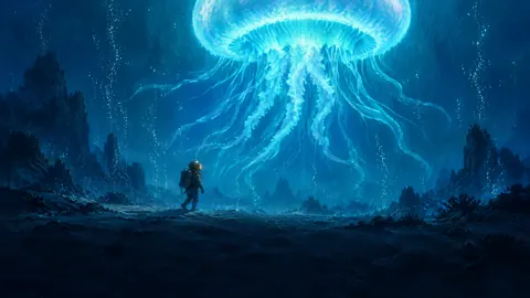 Antique Diver Beneath Jellyfish