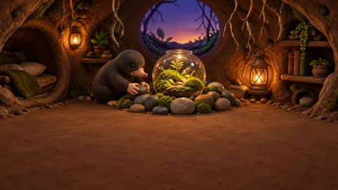 Mole Arranging Stones in Burrow