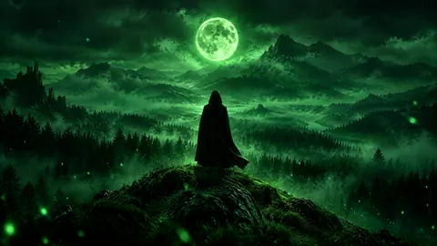 Hooded Figure Under Green Moon