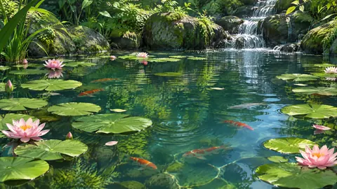 Forest Pond With Koi and Waterfalls