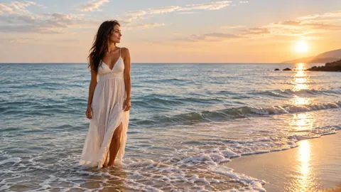 Woman in White Dress at Sunset