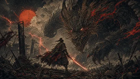 Armored Swordsman Facing Dragon-Demon